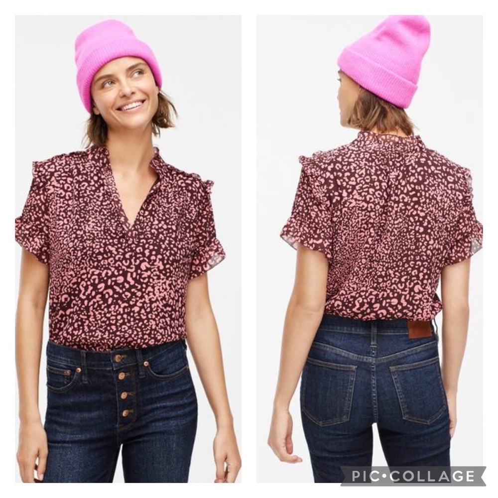 J.Crew S Short-sleeve Ruffle Top in Leopard Pink Brown